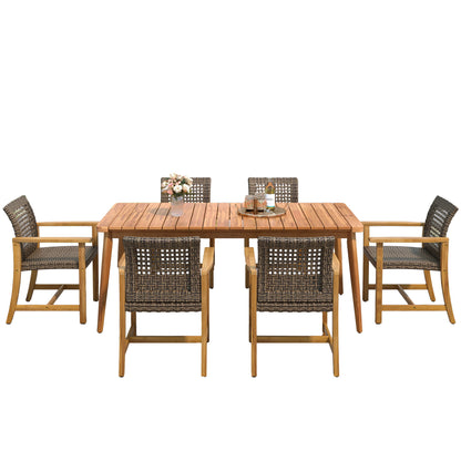 7 Piece Patio Dining Set, Slatted Table & 6 Chairs For Patio Garden - Mocha / Teak Noble House