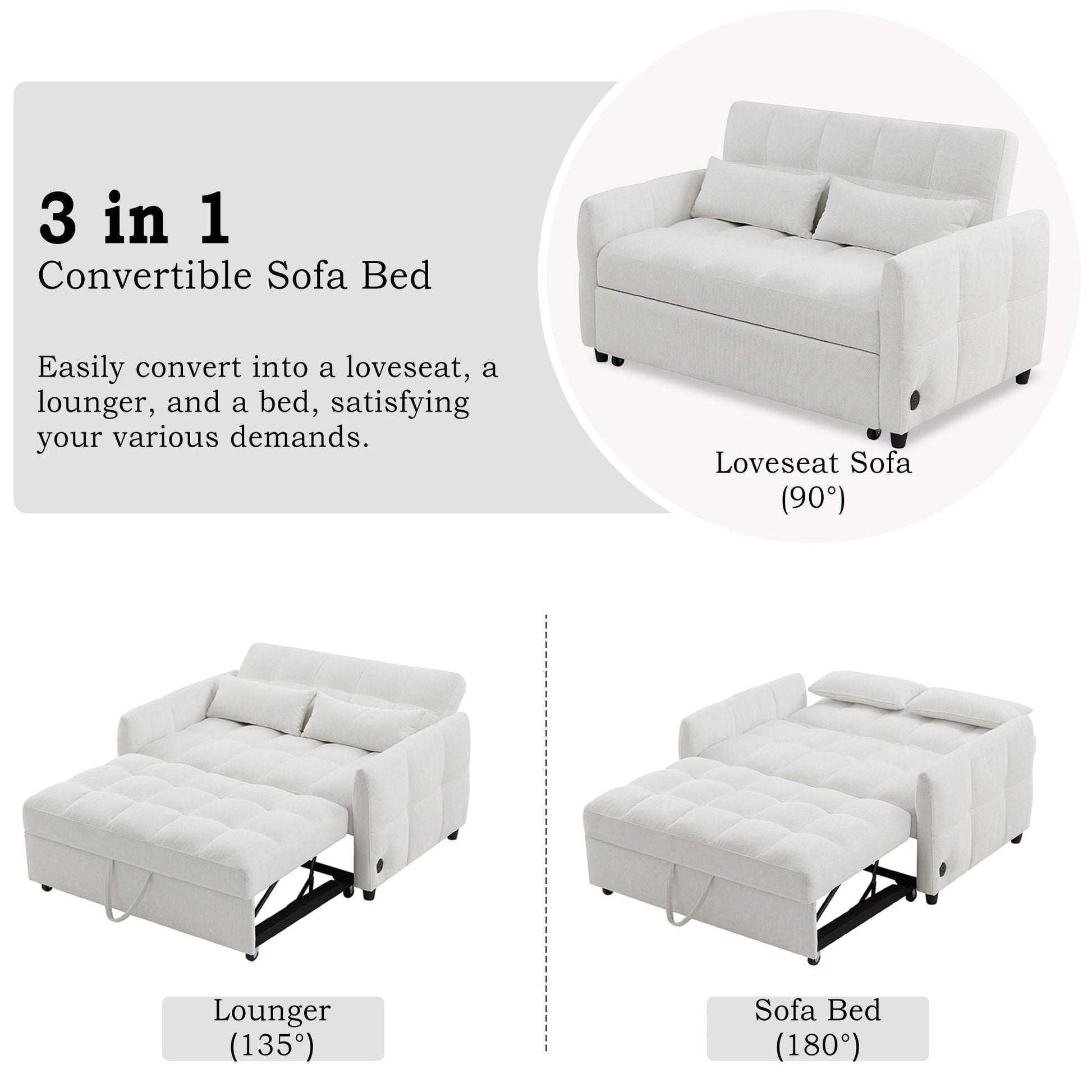 Loveseat Sofa Pull-Out Bed With Adjustable Backrest, 3 USB Ports And 2 Lumbar Pillows For Living Room Hearth and Haven