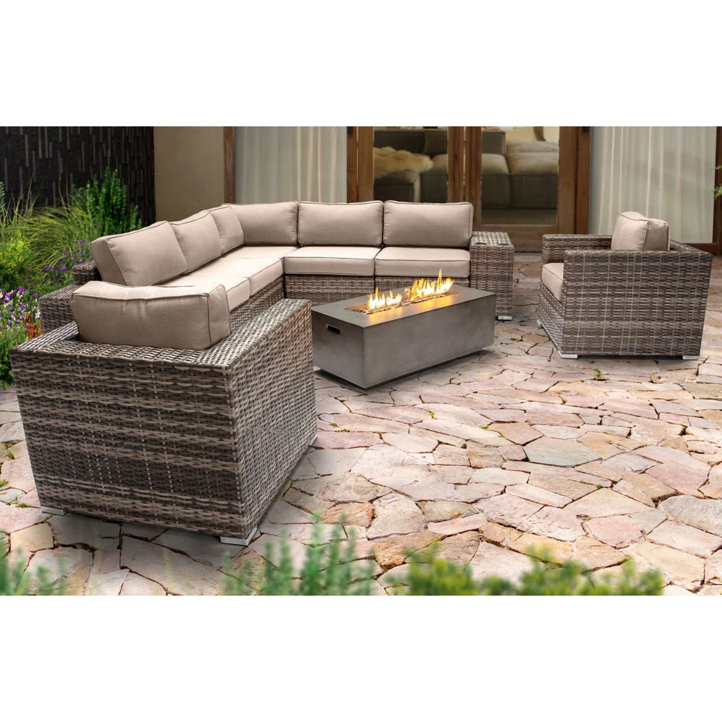 Rattan Wicker Patio Set With Cushions And Concrete Fire Pit LSI Patio Furniture