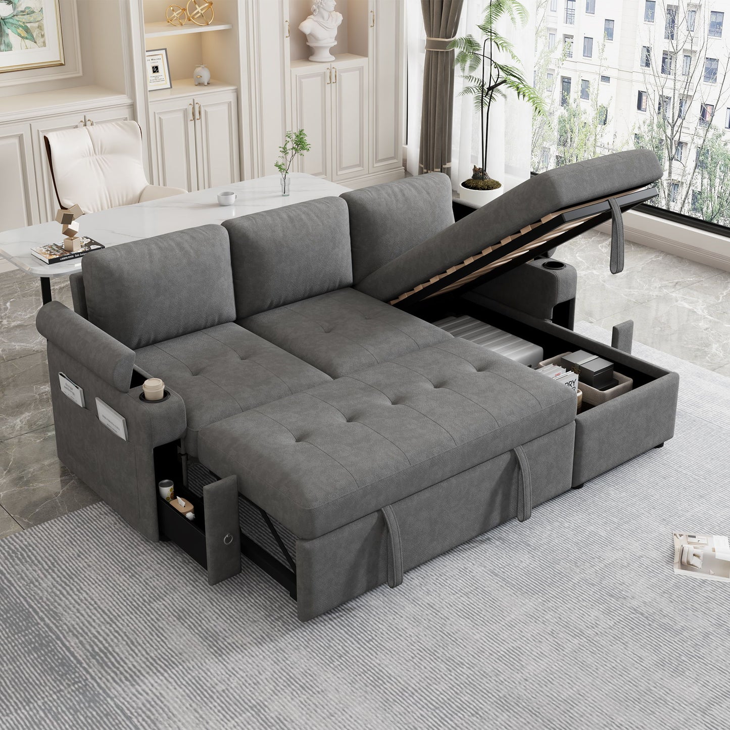 Convertible L Shaped Sofa Couch With Storage, Cup Holders, USB Ports Hearth and Haven