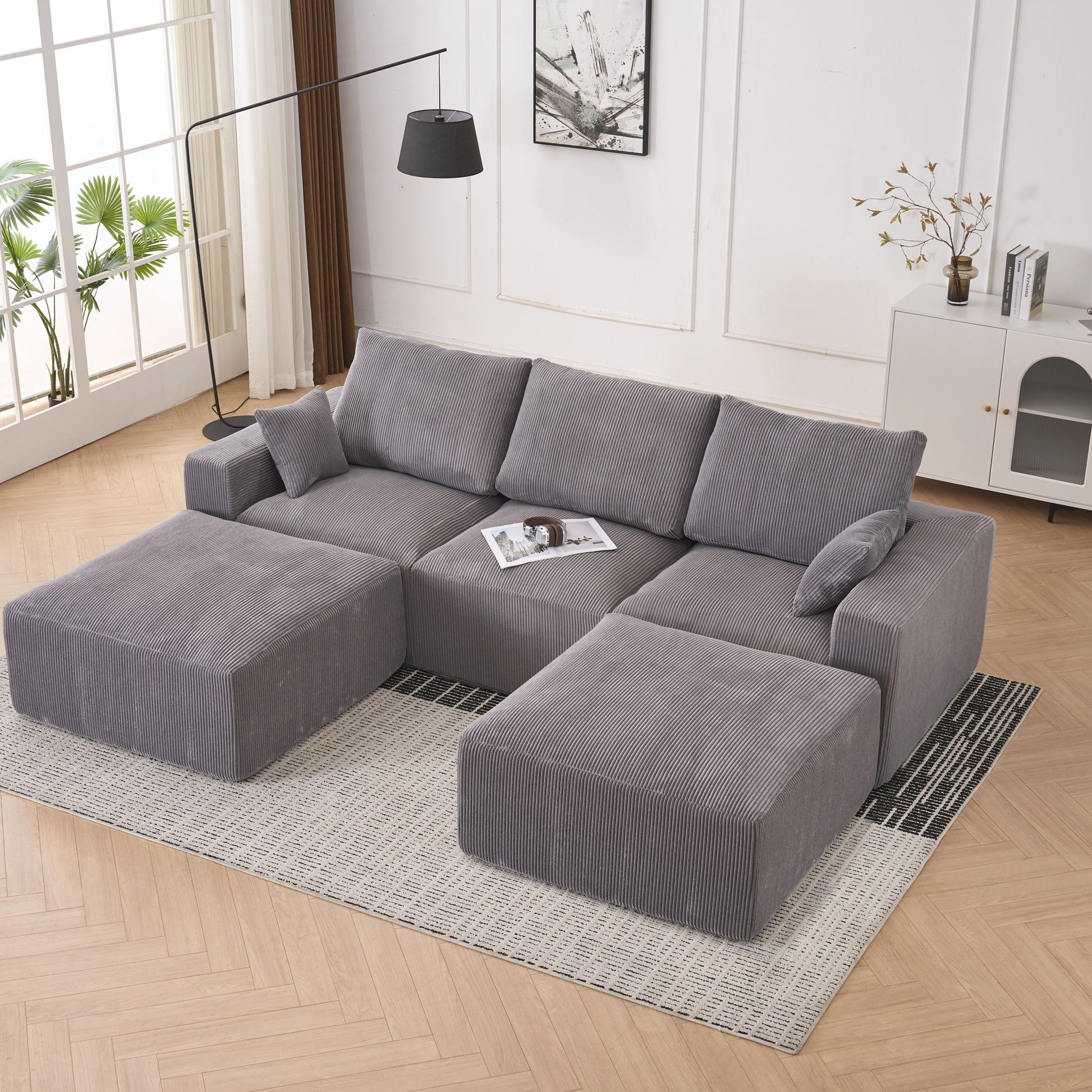Modular Sectional Sofa With Ottoman, USB And Type C Charger, Petal Armrest Design - Snoozhouse
