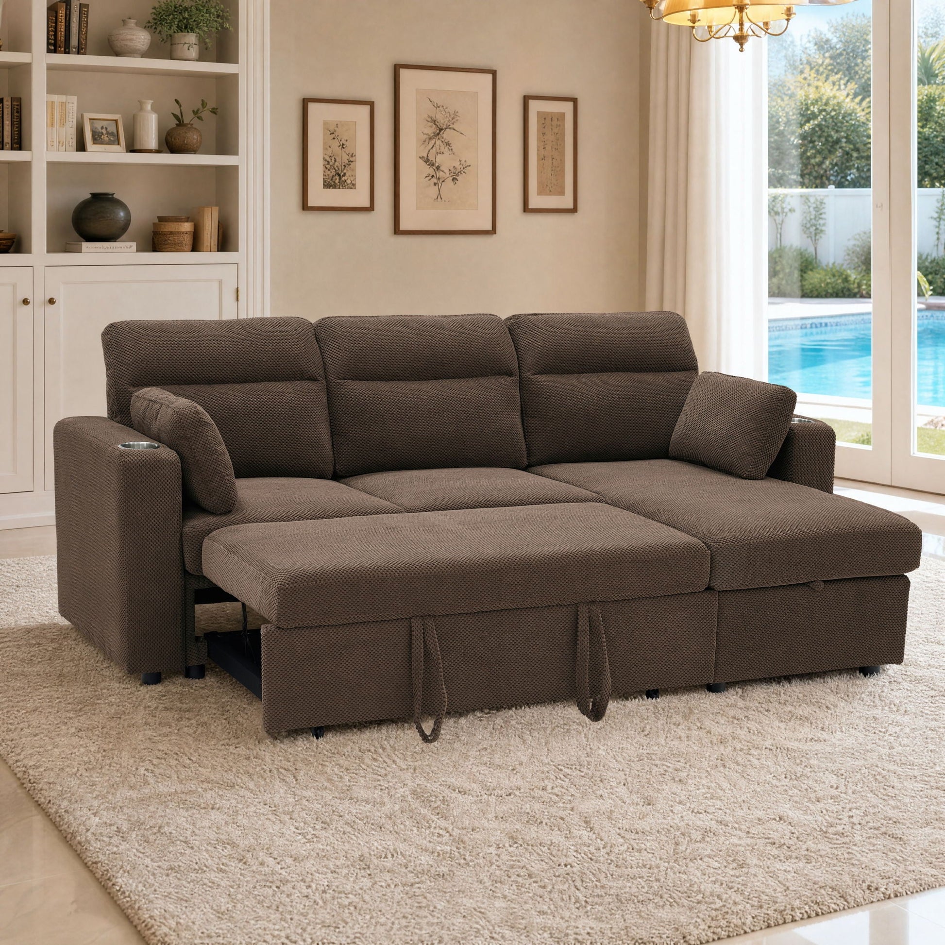 Convertible L - Shaped Sectional Sofa Bed With Storage Chaise, Cup Holders Home Essentials