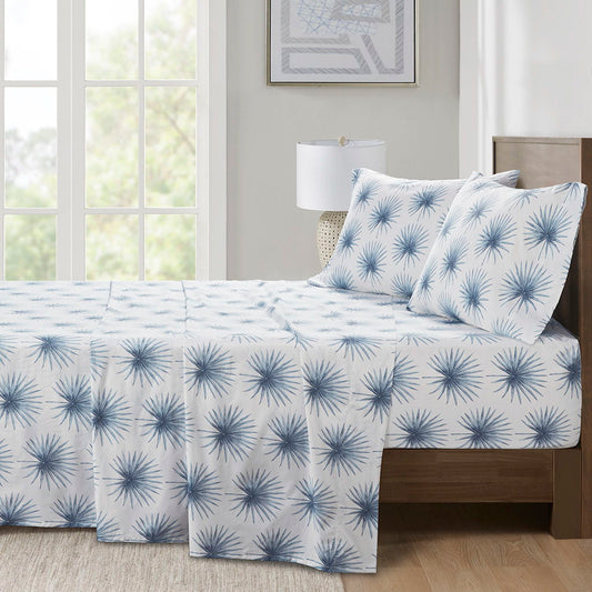 200 Thread Count Printed Cotton - Queen Sheet Set - Blue Palmetto