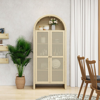 Tall Arched Kitchen Pantry, Arched Storage Display Cabinet With 2 Drawers & Adjustable Shelves, Rattan Door Versatile Storage Cabinet For Kitchen, Dining Room - Natural Home Essentials