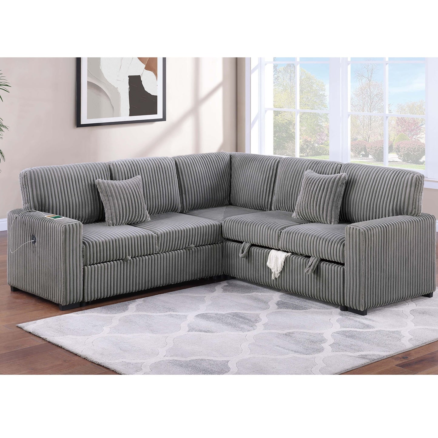 Convertible Sectional Upholstered Sleeper Sofa With Storage Chaise Home Essentials