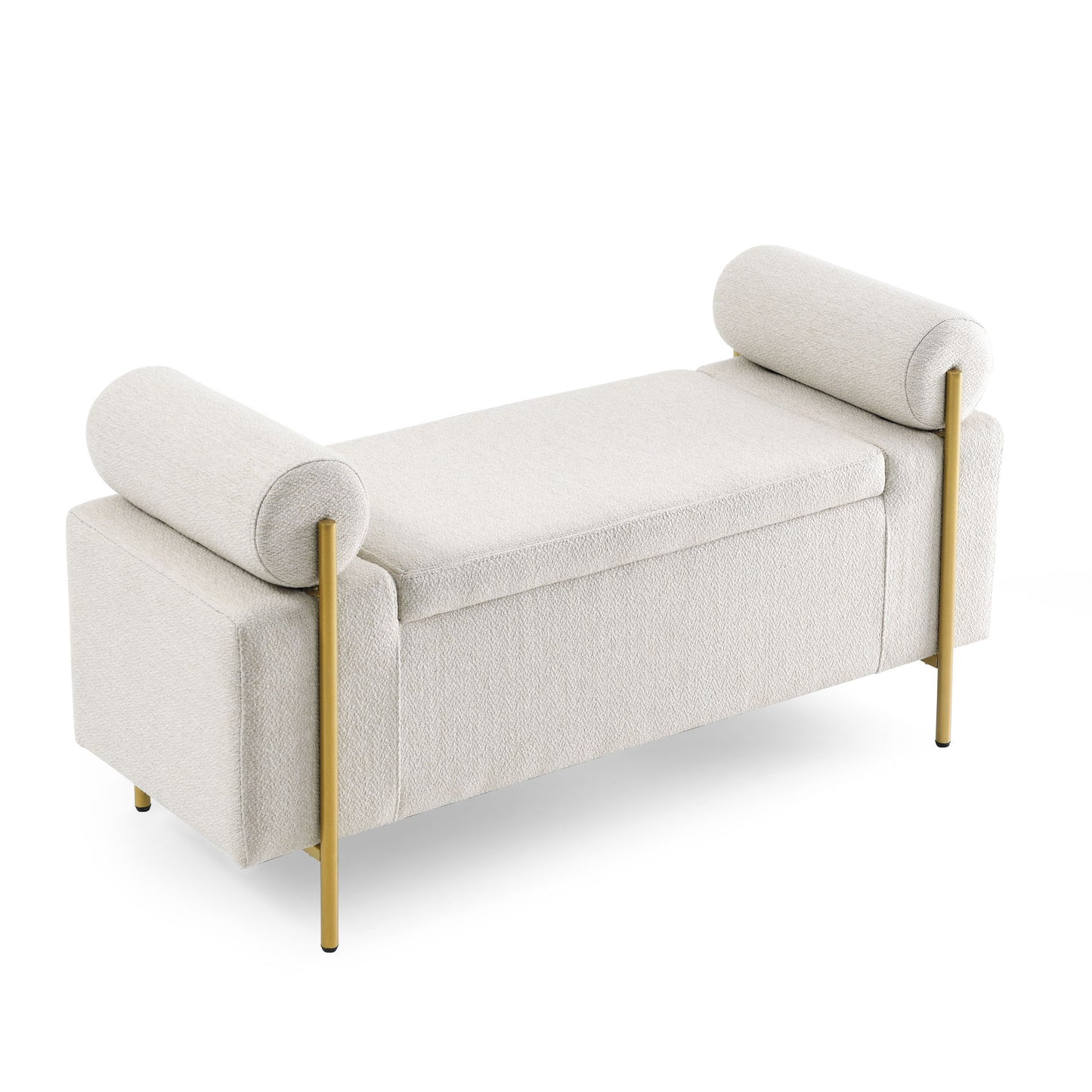 Elegant Upholstered Linen Storage Bench With Cylindrical Arms And Iron Legs, White Home Essentials