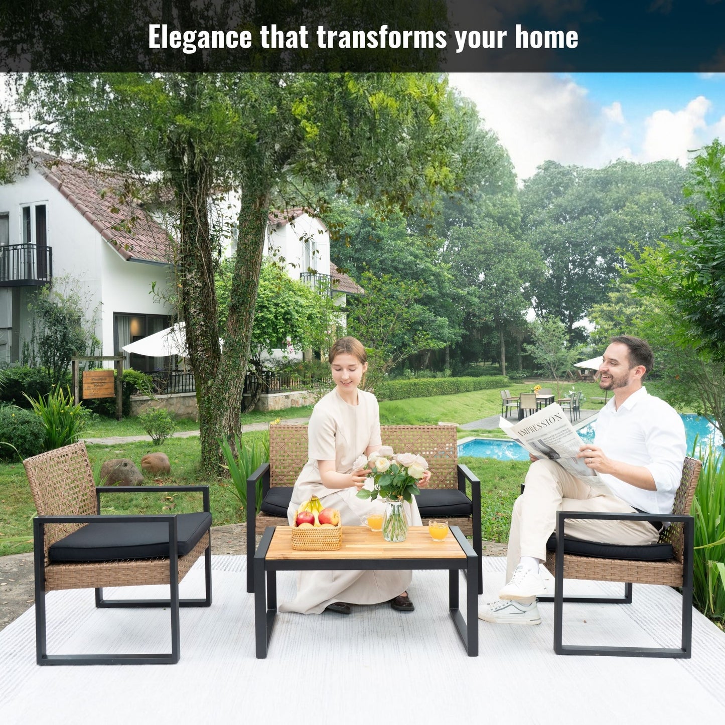 4 Piece Patio Furniture Set With Acacia Wood Table Top And Cushions Home Essentials