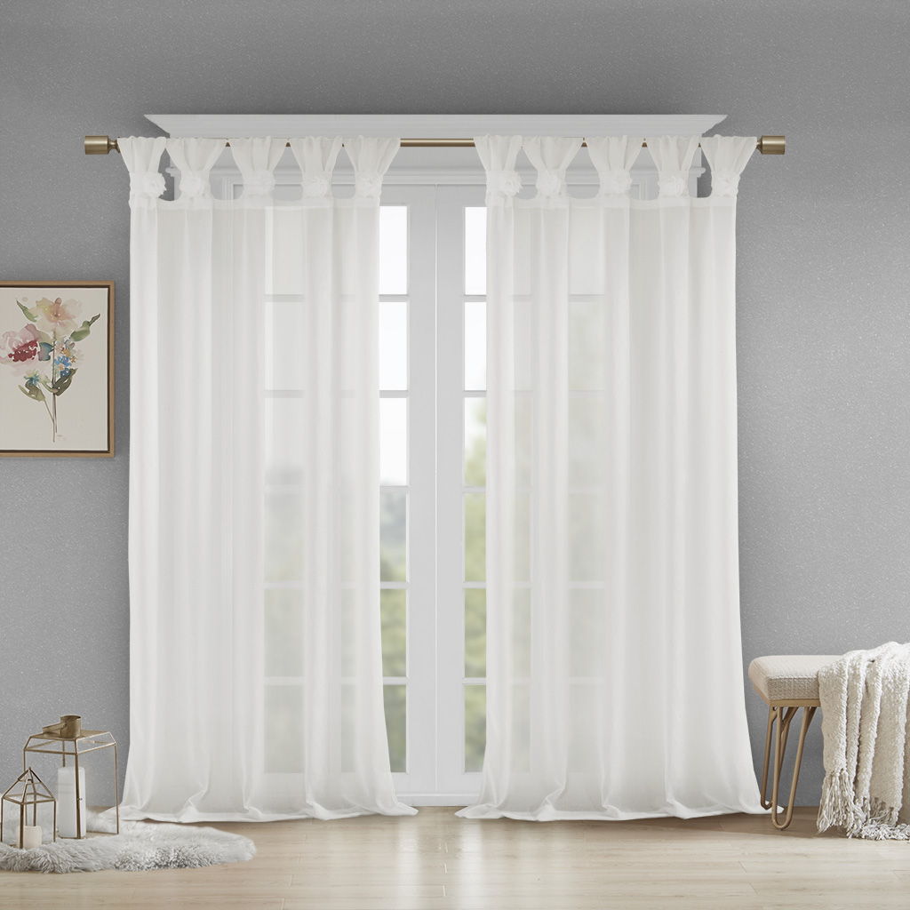 Rosette - 84" Floral Embellished Cuff Tab Top Solid Window Panel - White - Snoozhouse