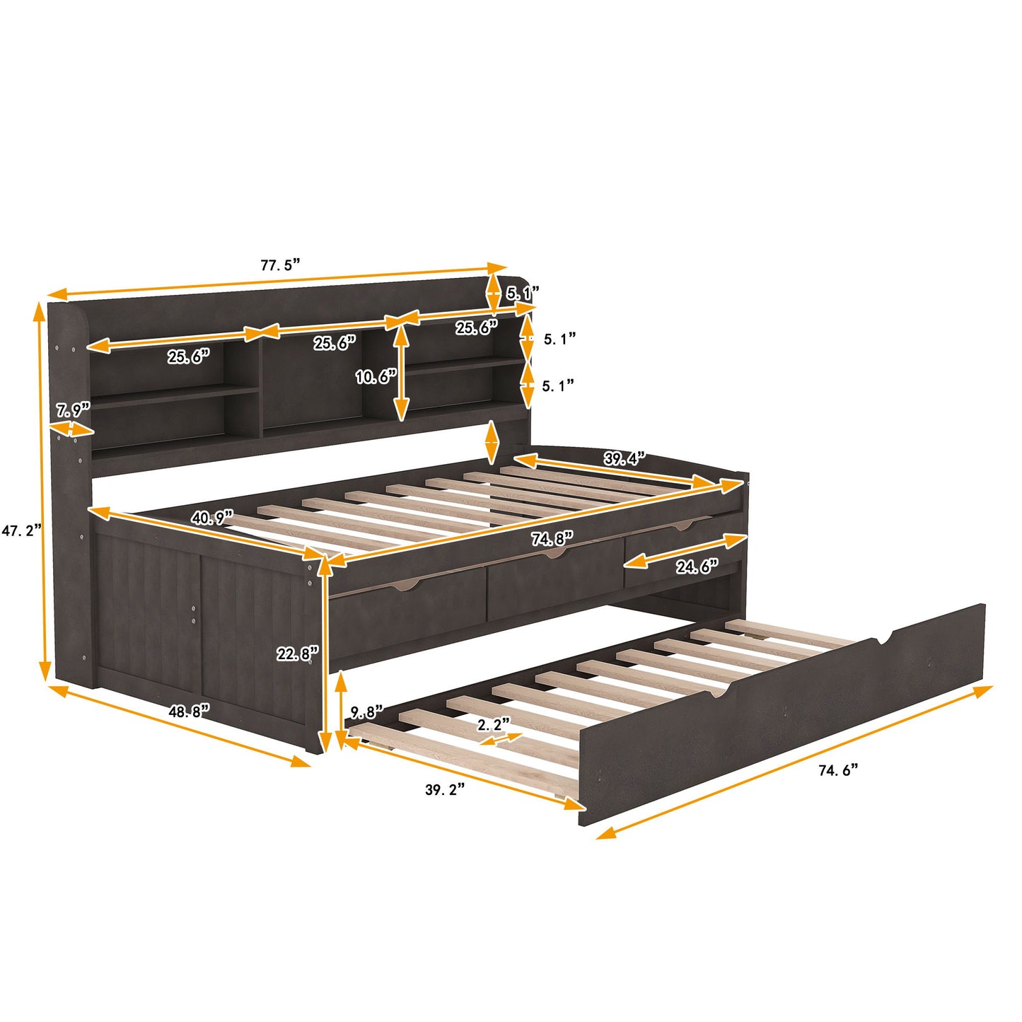 Captain Bed With Built In Bookshelves, 3 Storage Drawers, And Trundle Hearth and Haven