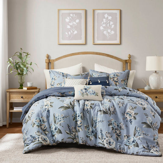 Salara - 7 Piece Queen Vintage Floral Comforter Set - Blue Madison Park