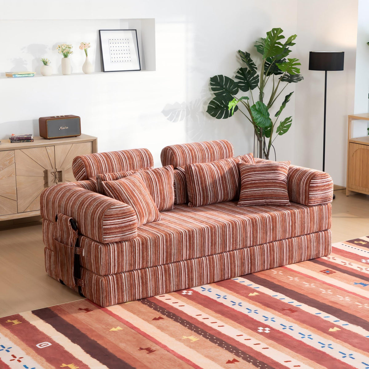 Convertible Sleeper Sofa Bed With High Density Compressed Sponge For Living Room - Red Striped Home Essentials