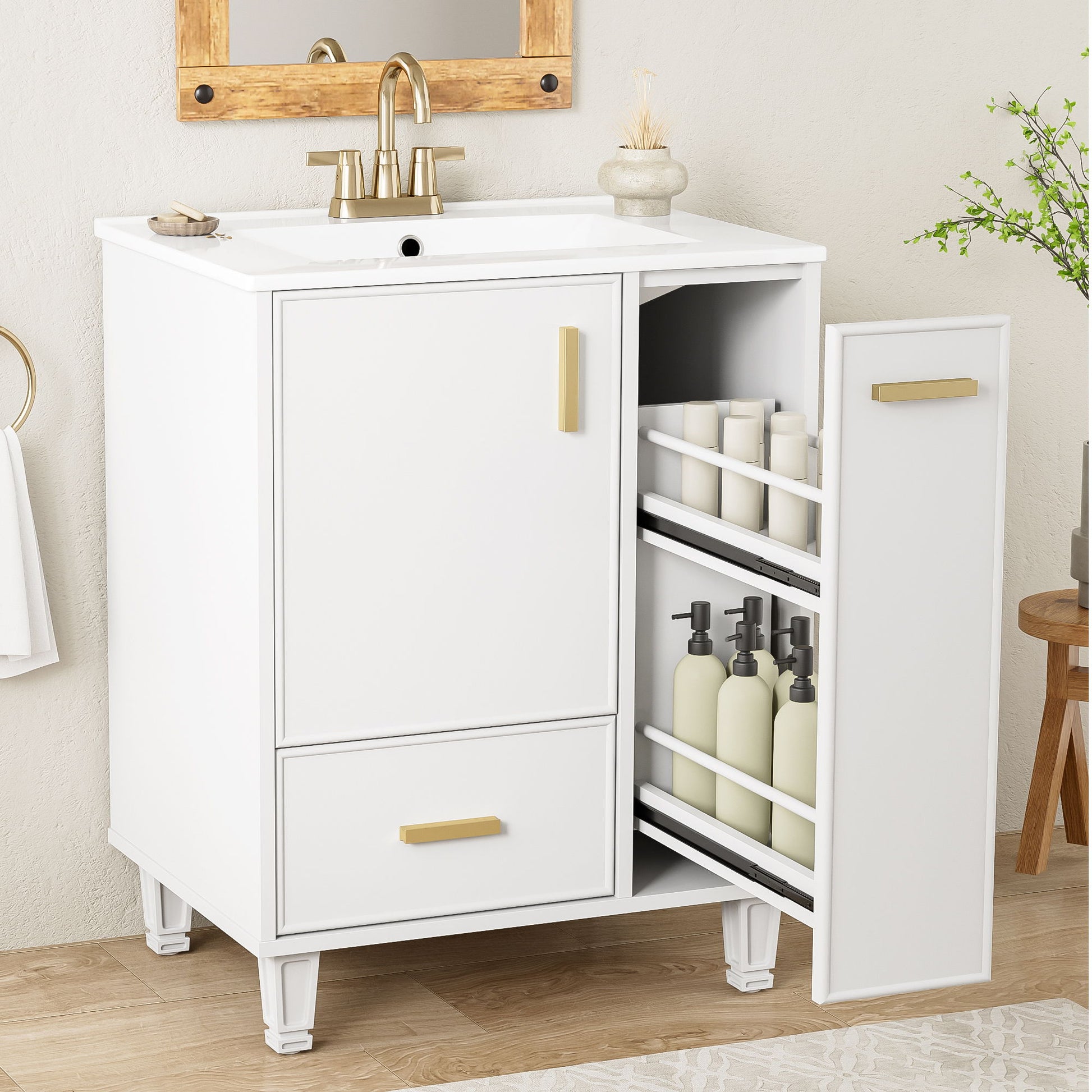 Bathroom Vanity With Sink, Deep Drawer, Door Shelf, 2 Tier Basket Noble House