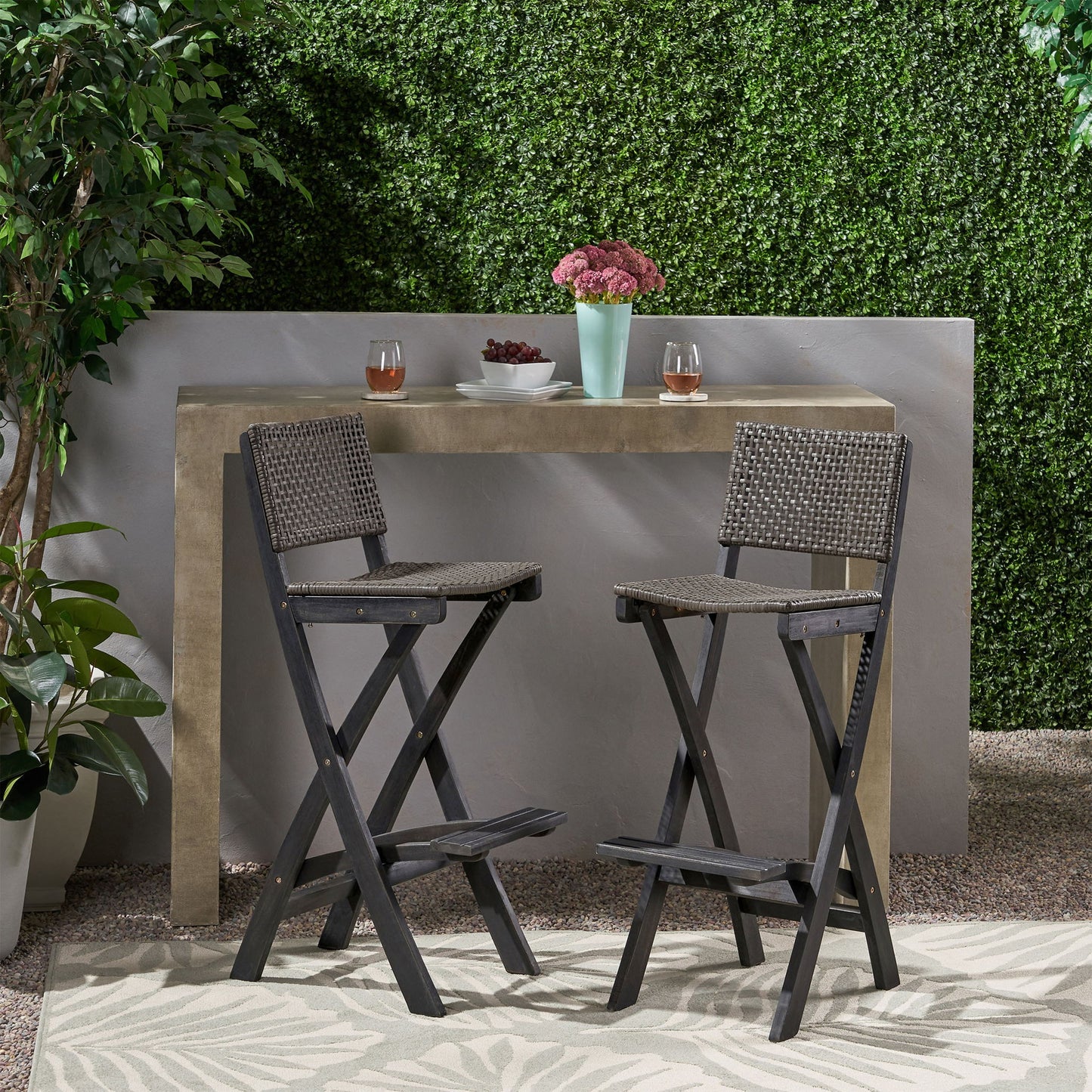 Outdoor Folding Acacia Wood Barstools With Rattan Backrest And Seat Noble House