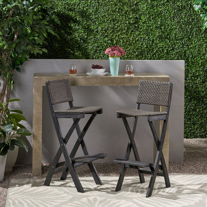 Outdoor Folding Acacia Wood Barstools With Rattan Backrest And Seat Noble House