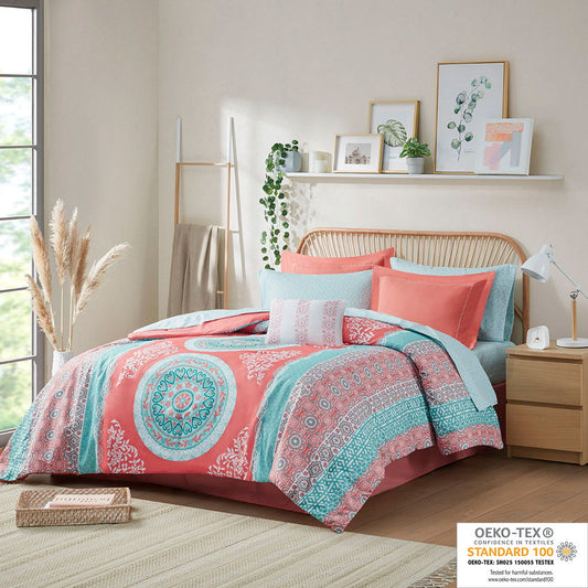 Loretta - Queen Comforter And Sheet Set - Coral Intelligent Design
