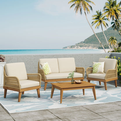 Hueber - Outdoor And Rope 4 Seater Chat Set With Cushions - Teak Noble House