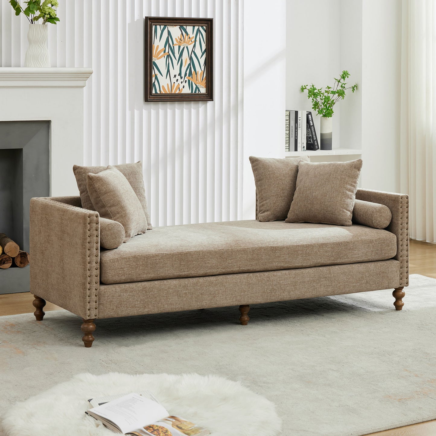 Upholstered Chaise Lounge Indoor With Nailheads, Sleeper Sofa Couch With 4 Throw Pillows & 2 Bolsters, Daybed With Rubberwood Legs