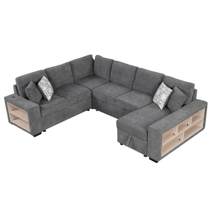U-Shaped Sectional Sofa Pull-Out Sofa Bed With Two USB Ports, A Storage Chaise Lounge And Four Back Pillows For Living Room Hearth and Haven
