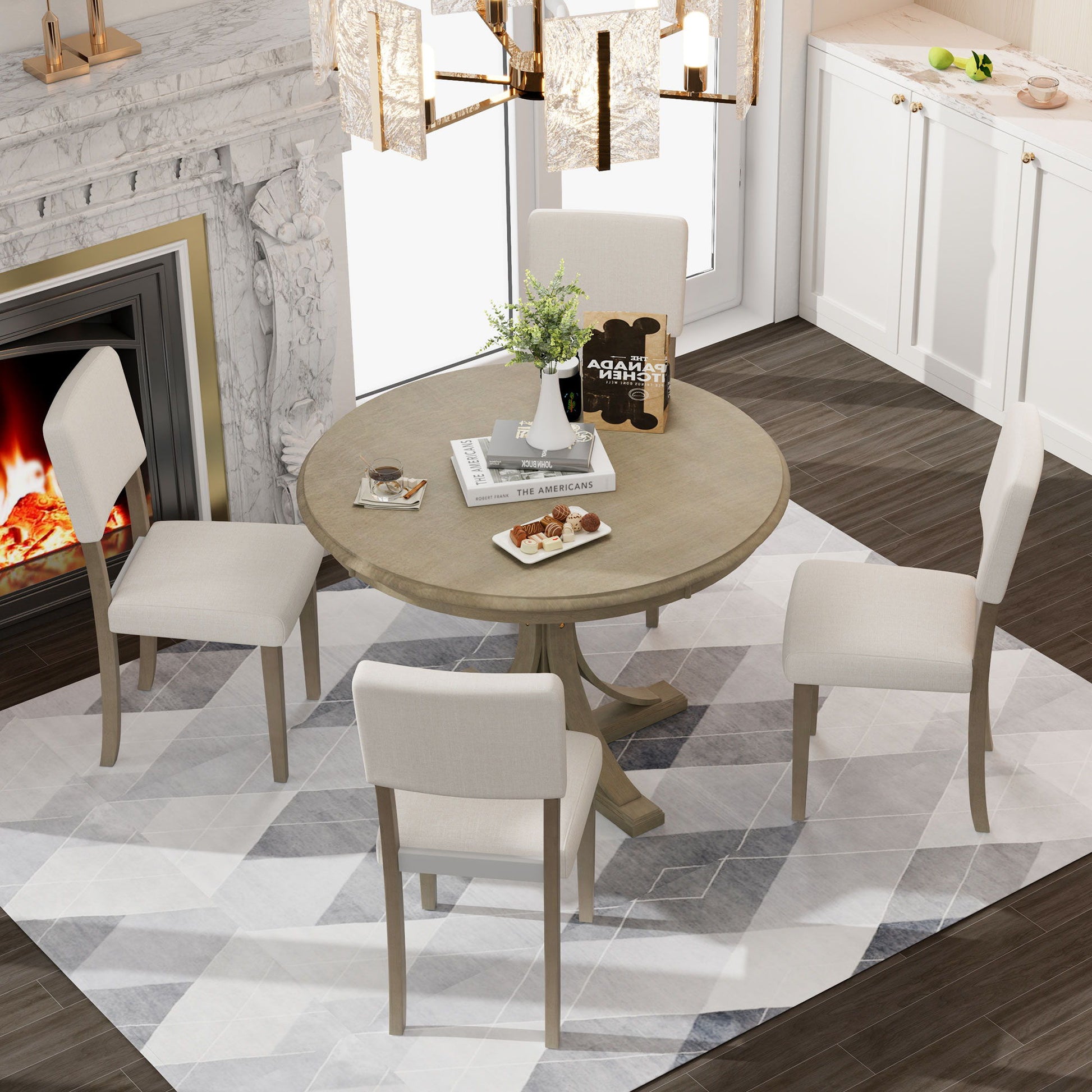 Retro Round Dining Table Set With Curved Trestle Style Table Legs And Upholstered Chairs For Dining Room Hearth and Haven