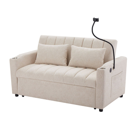 Convertible Sofa Bed Loveseat Sofa With Three USB Ports, Two Side Pockets, Two Cup Holders And 360° swivel Phone Holder For Living Room Hearth and Haven