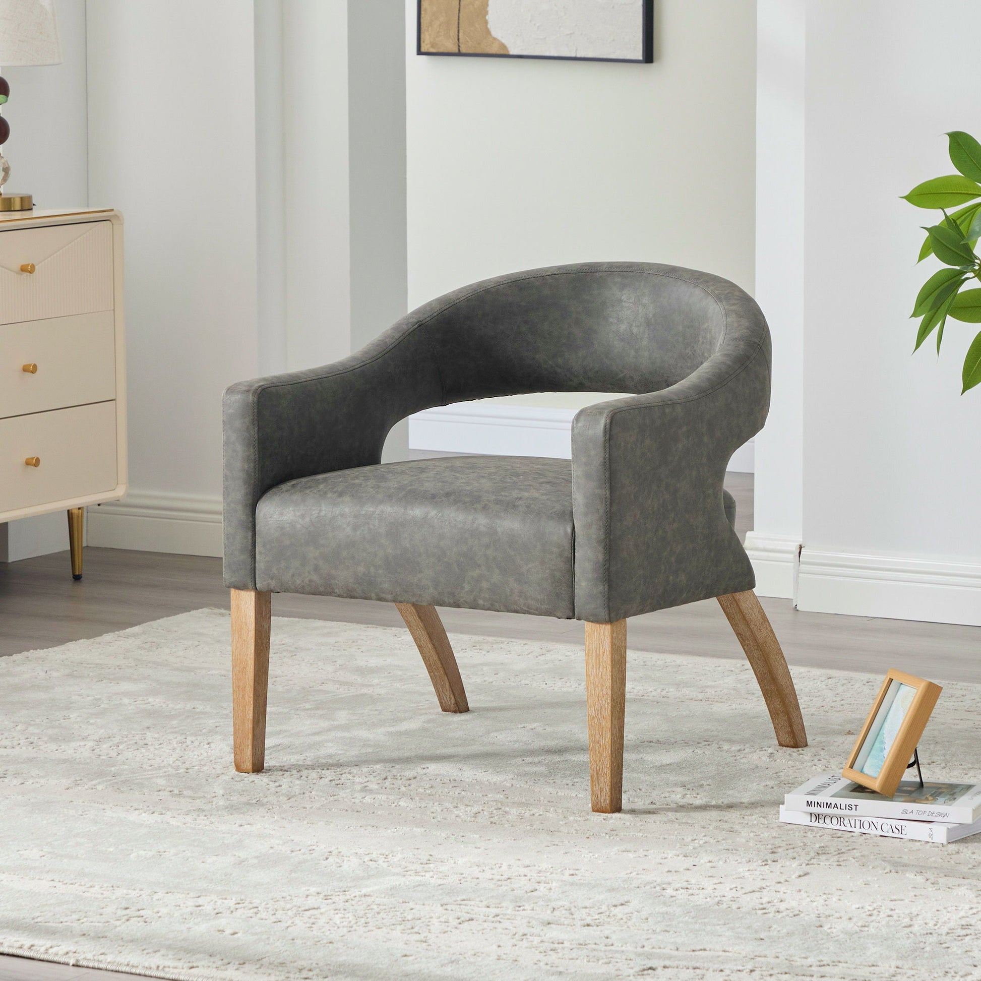 Upholstered Open Back Armchair With Weathered Rubberwood Legs Home Essentials