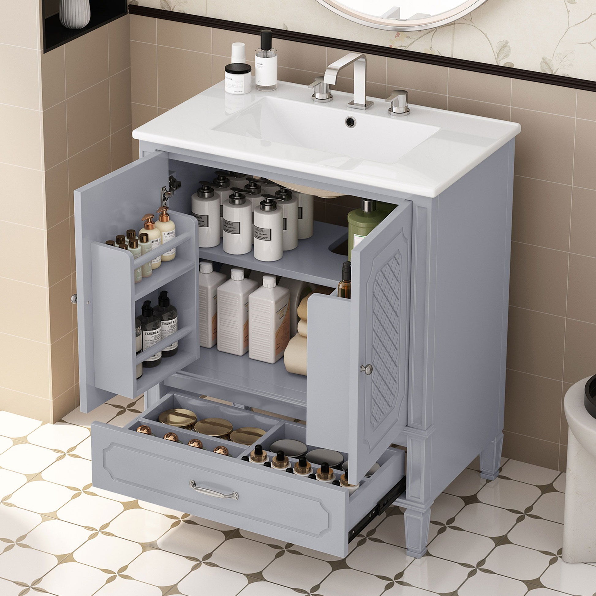Vintage Style Bathroom Vanity With Sink, Multi Functional Storage, Soft-Closing Door Noble House