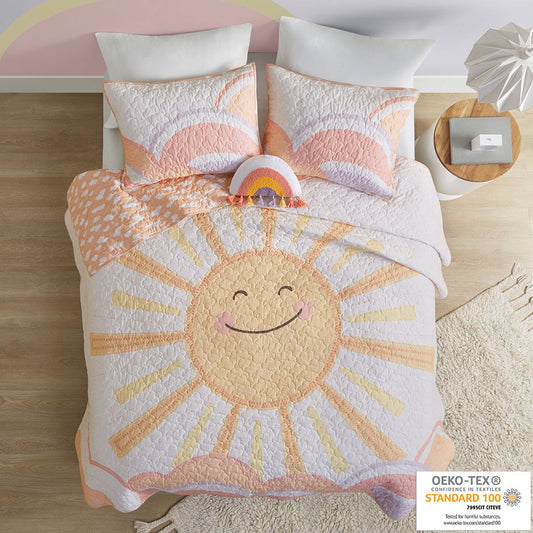 Dawn - Sunshine Printed Reversible Coverlet Set - Yellow / Coral