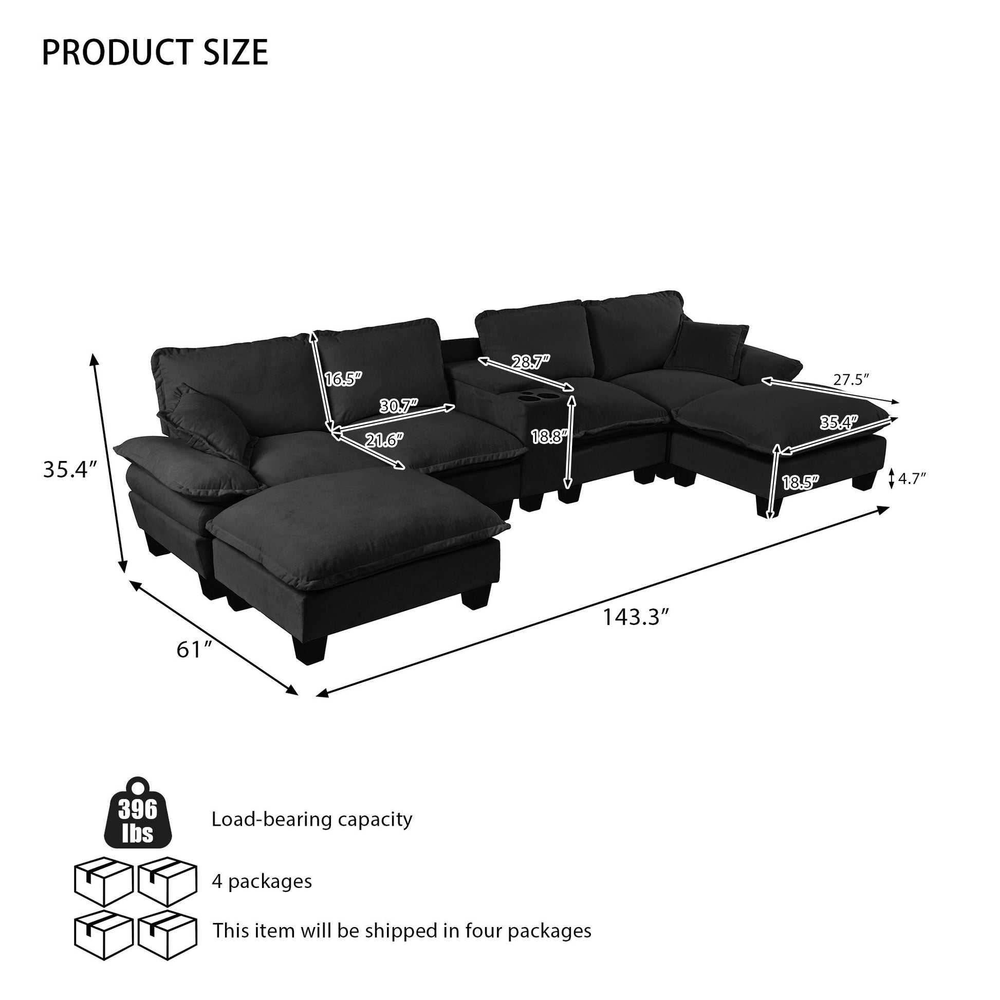 Modular Cloud Couch Sofa With Cup Holders & Storage, USB Port Home Essentials