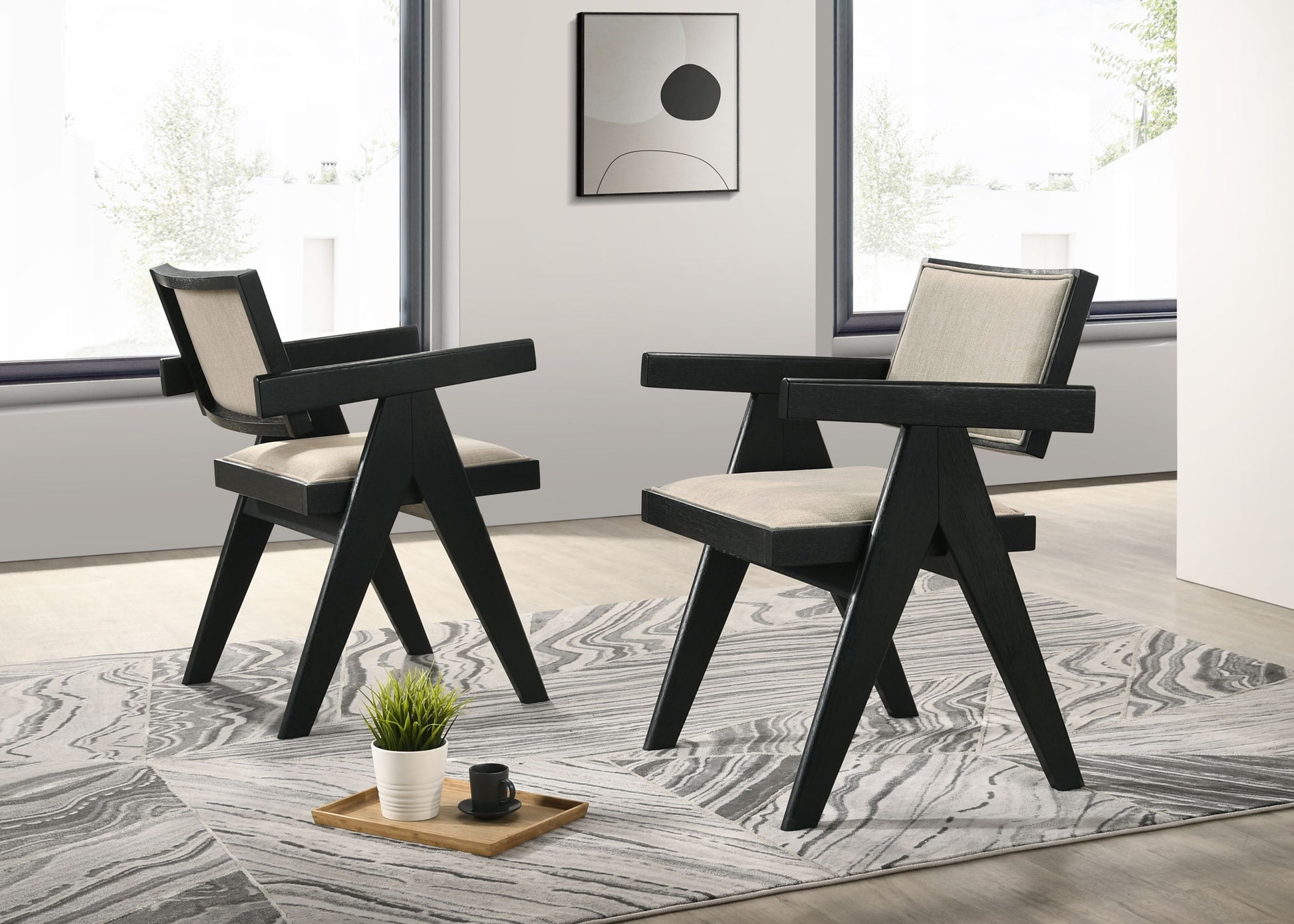 Jasper - Dining Arm Chairs With Upholstered Seat (Set of 2) - Ebony Black / Beige Lilola Home