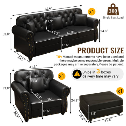 Upholstered Sofa With Nailhead Trim, Rolled Armrests With Ottoman Home Essentials