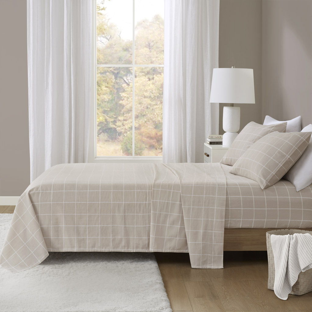 Oversized Cotton Flannel - 4 Piece Queen Sheet Set - Beige Windowpane