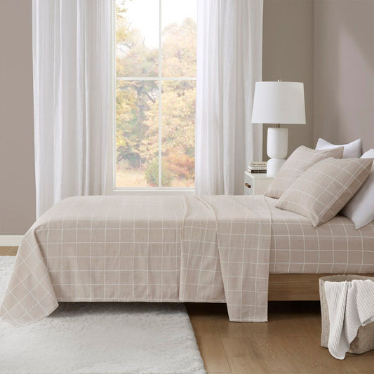 Oversized Cotton Flannel - 4 Piece Sheet Set - Beige Windowpane Beautyrest