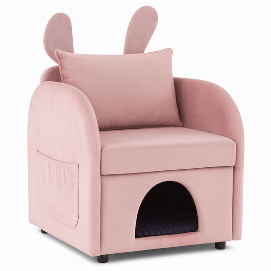 Bunny Ear Pet Friendly Armchair With Hidden Pet House With Storage Pocket For Bedroom & Living Room - Pink Home Essentials