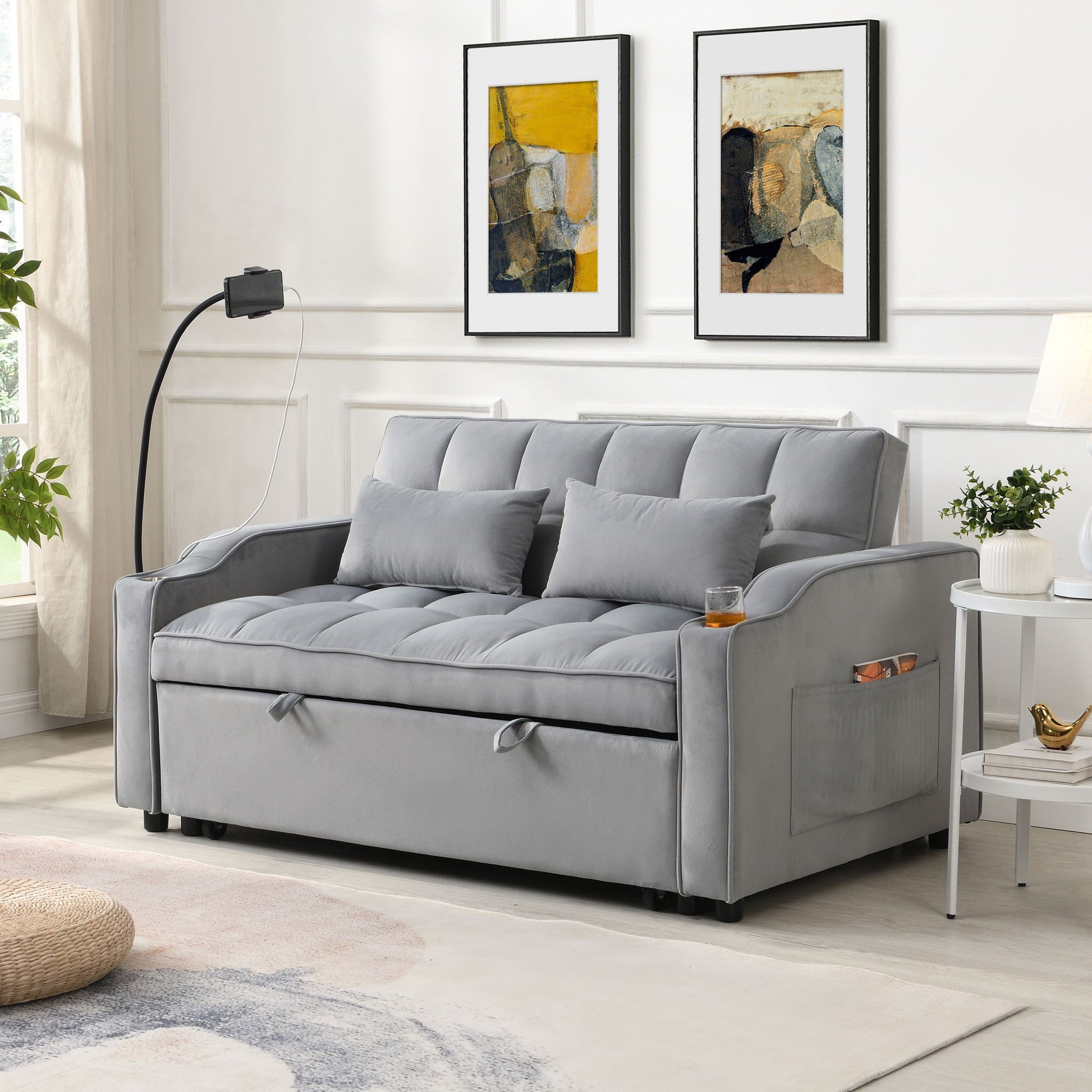 Modern Velvet Loveseat Futon Sofa With Pullout Bed, Adjustable Reclining Backrest, Toss Pillows Home Essentials
