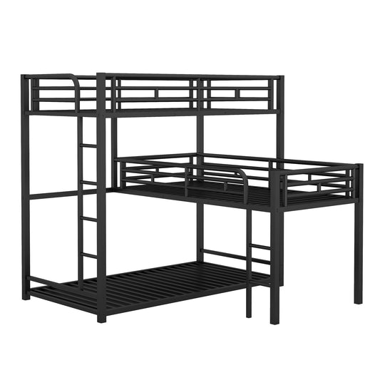 L-Shaped Triple Twin Size Bunk Bed, Industrial Design With Integrated Ladder And Full Length Guardrails - Black Hearth and Haven
