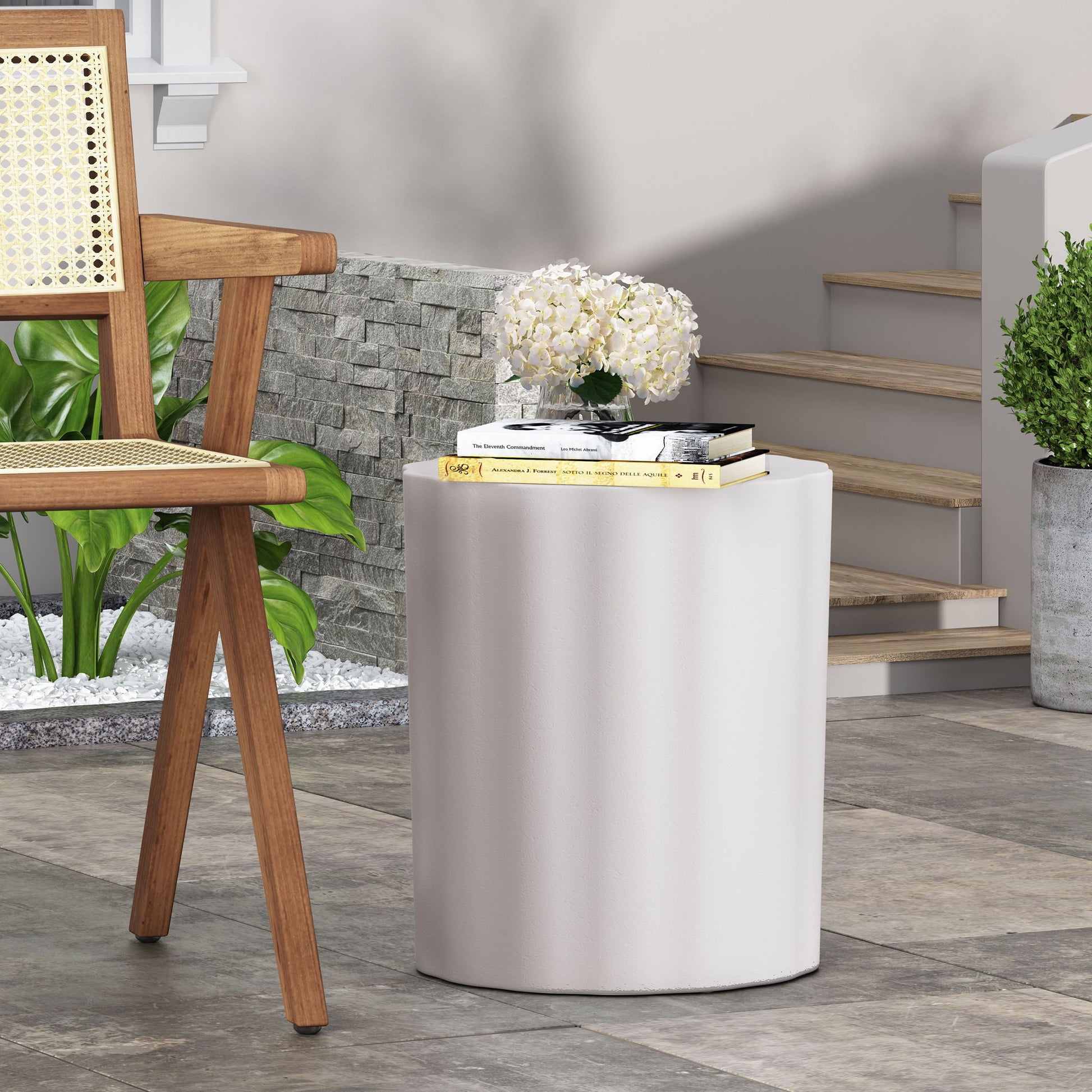 Outdoor End Table With Soft Wave Edge - Antique White Noble House