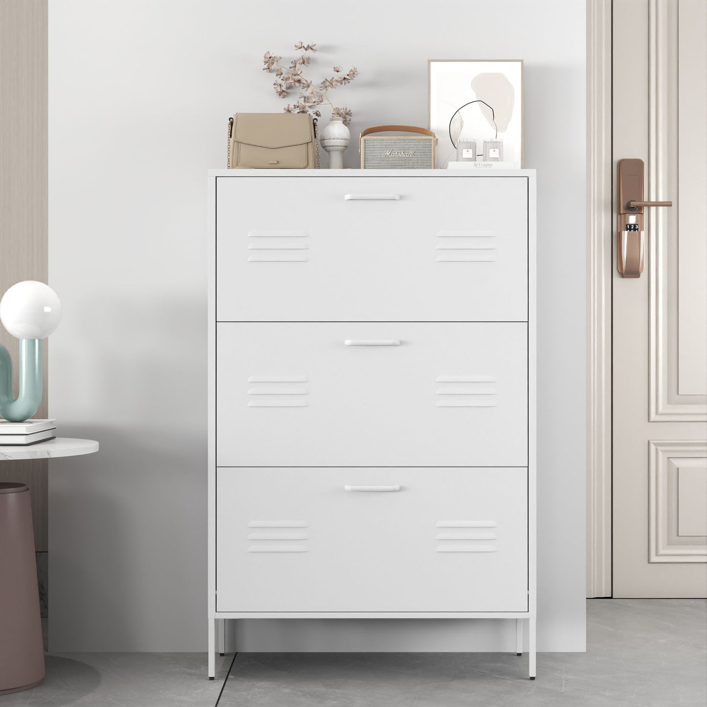 Modern Shoe Storage Cabinet With 3 Flip Drawers And Metal Frame For Entryway - Brushed Nickel Daily Nest