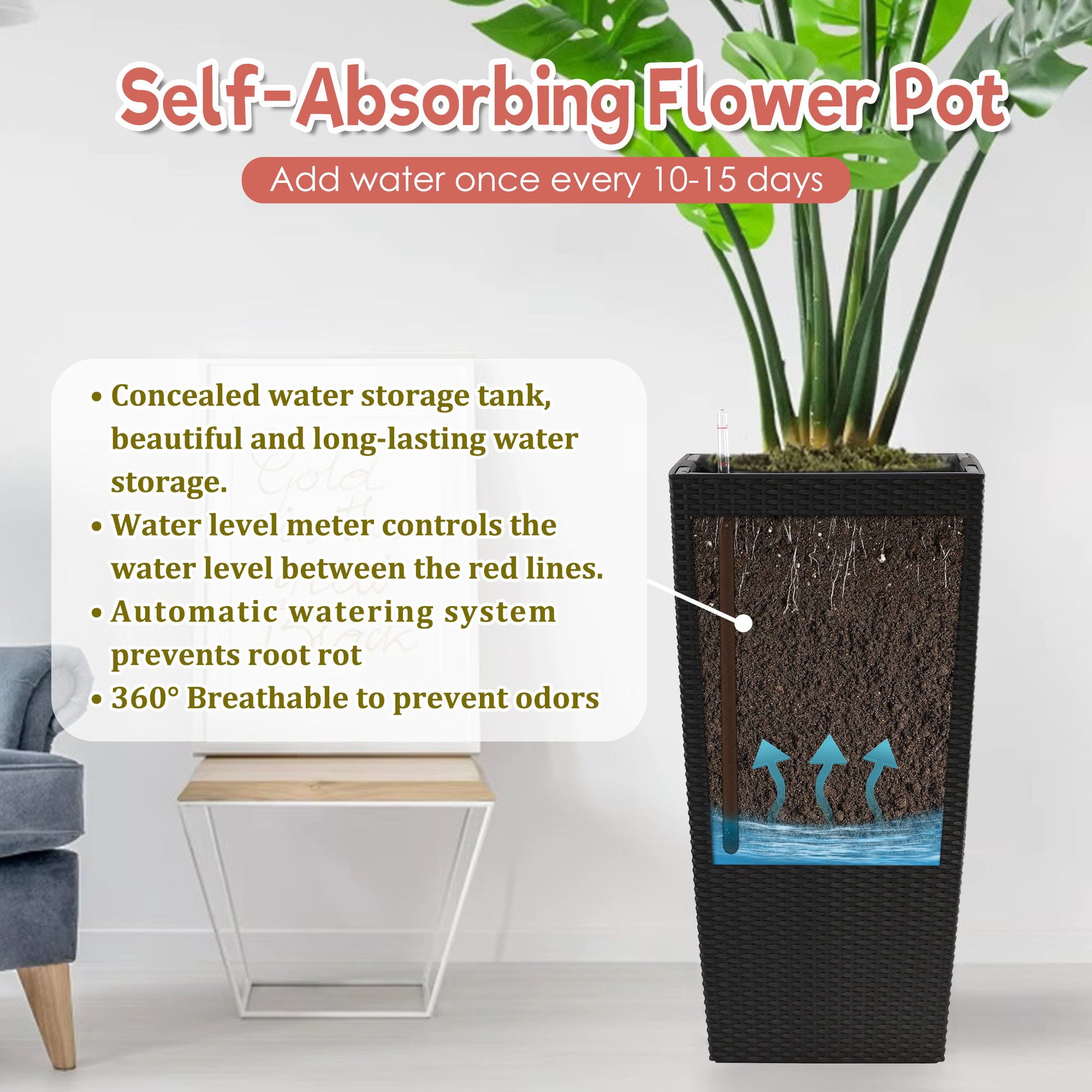 Large Self Watering Flower Pot With Drainage Holes & Inner Tray Daily Nest