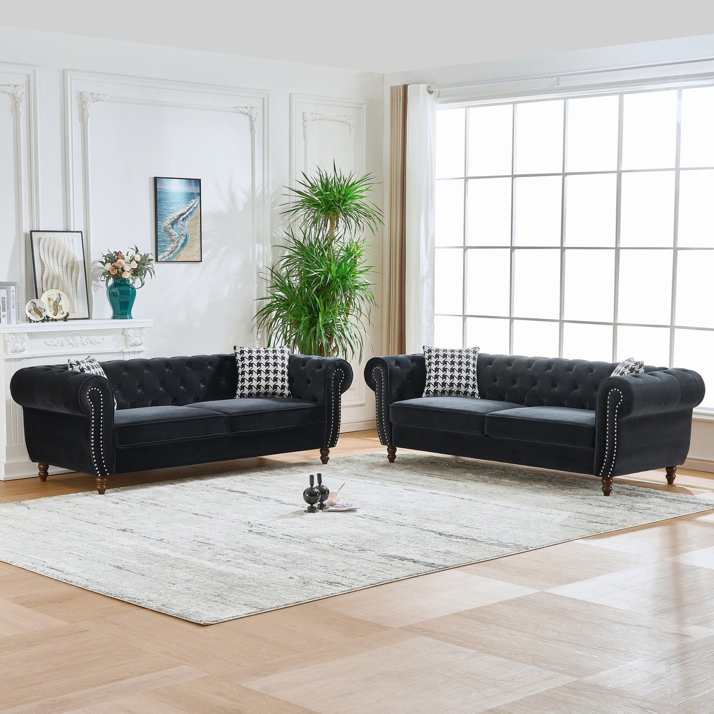Chesterfield Upholstery Fabric Sofa With Roll Armrest & Nailhead, Mid Century Modern 3 And 3 Seater Couch Home Essentials