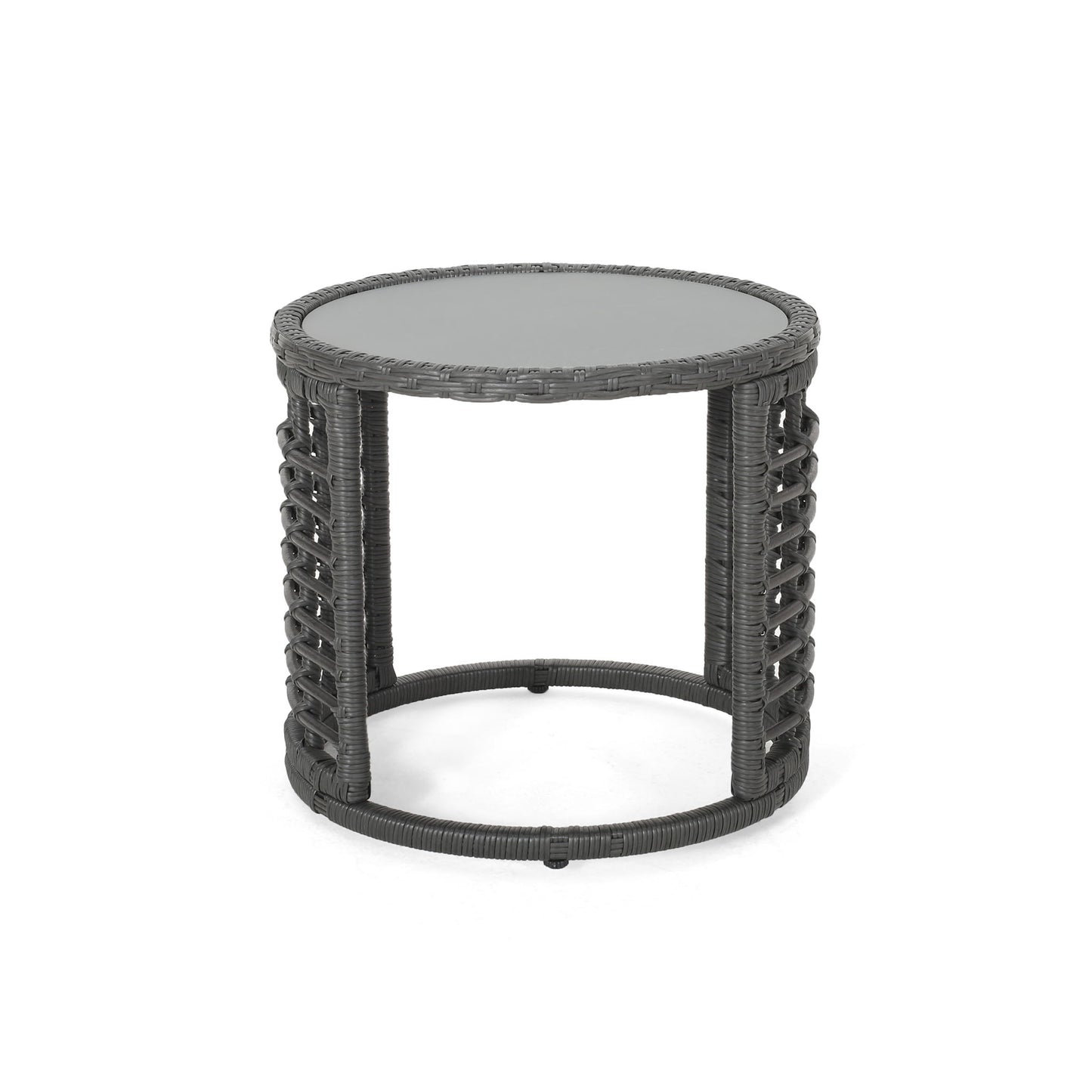 Achill - Outdoor Modern Boho Wicker Side Table With Glass Top - Gray Noble House