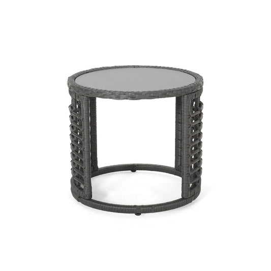 Achill - Outdoor Modern Boho Wicker Side Table With Glass Top - Gray Noble House