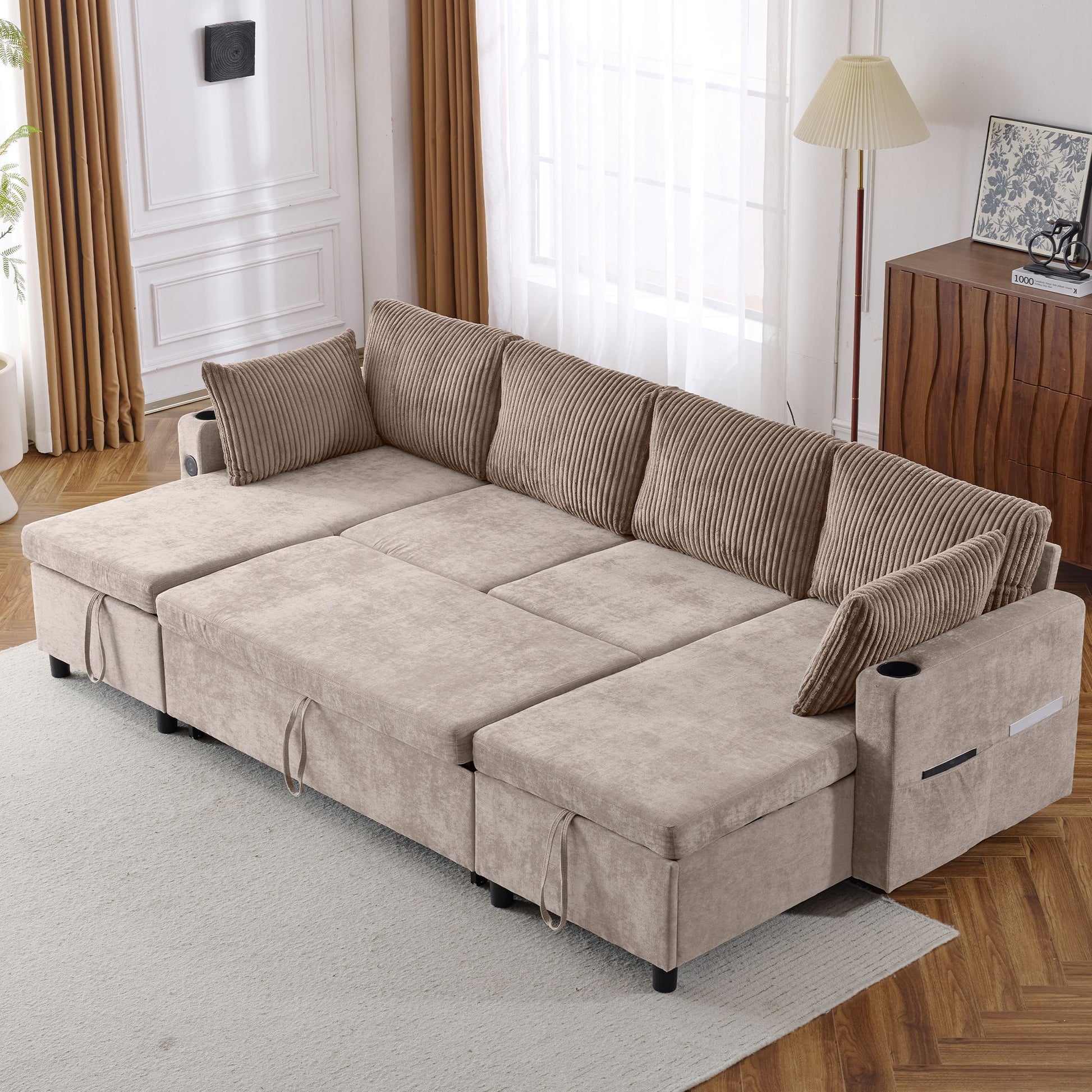 Sectional Sofa Bed With Pull Out Sleeper, USB Ports, Cup Holders Hearth and Haven