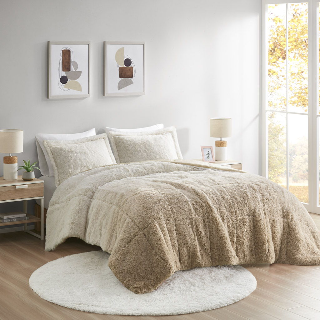 Brielle - Ombre Shaggy Long Fur Twin Comforter Mini Set - Natural