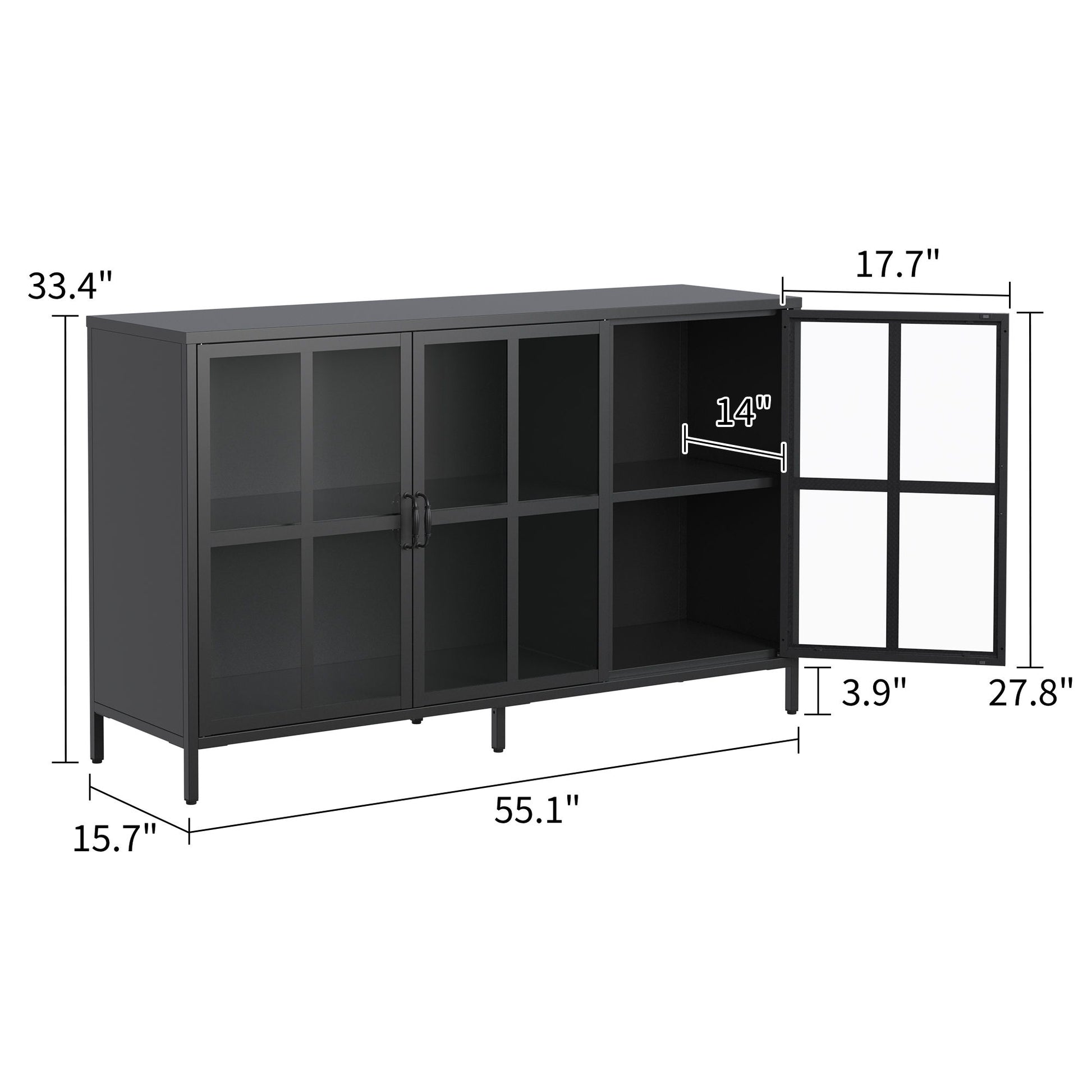 Modern Heavy Duty Metal Sideboard Buffet Cabinet With Storage, Adjustable Feet, Glass Doors, Steel - Black Home Essentials