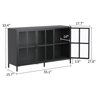 Modern Heavy Duty Metal Sideboard Buffet Cabinet With Storage, Adjustable Feet, Glass Doors, Steel - Black Home Essentials