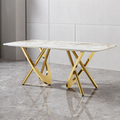 Marble Pattern Dining Table With Stainless Steel Base, Rectangular, Seats 6 Or 8 - Gold Home Essentials