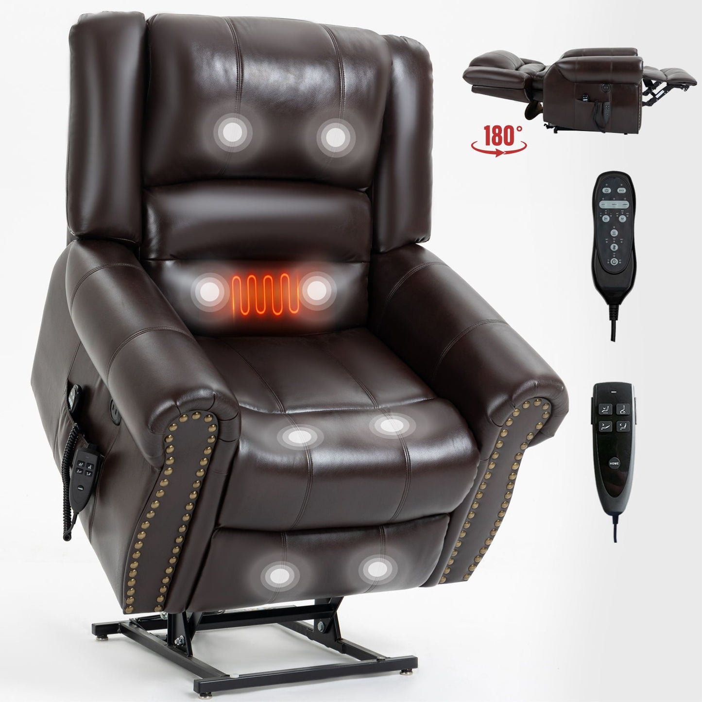 Power Lift Recliner Chair Heat Massage Dual Motor Infinite Position With USB Ports - Antique Brown Home Essentials