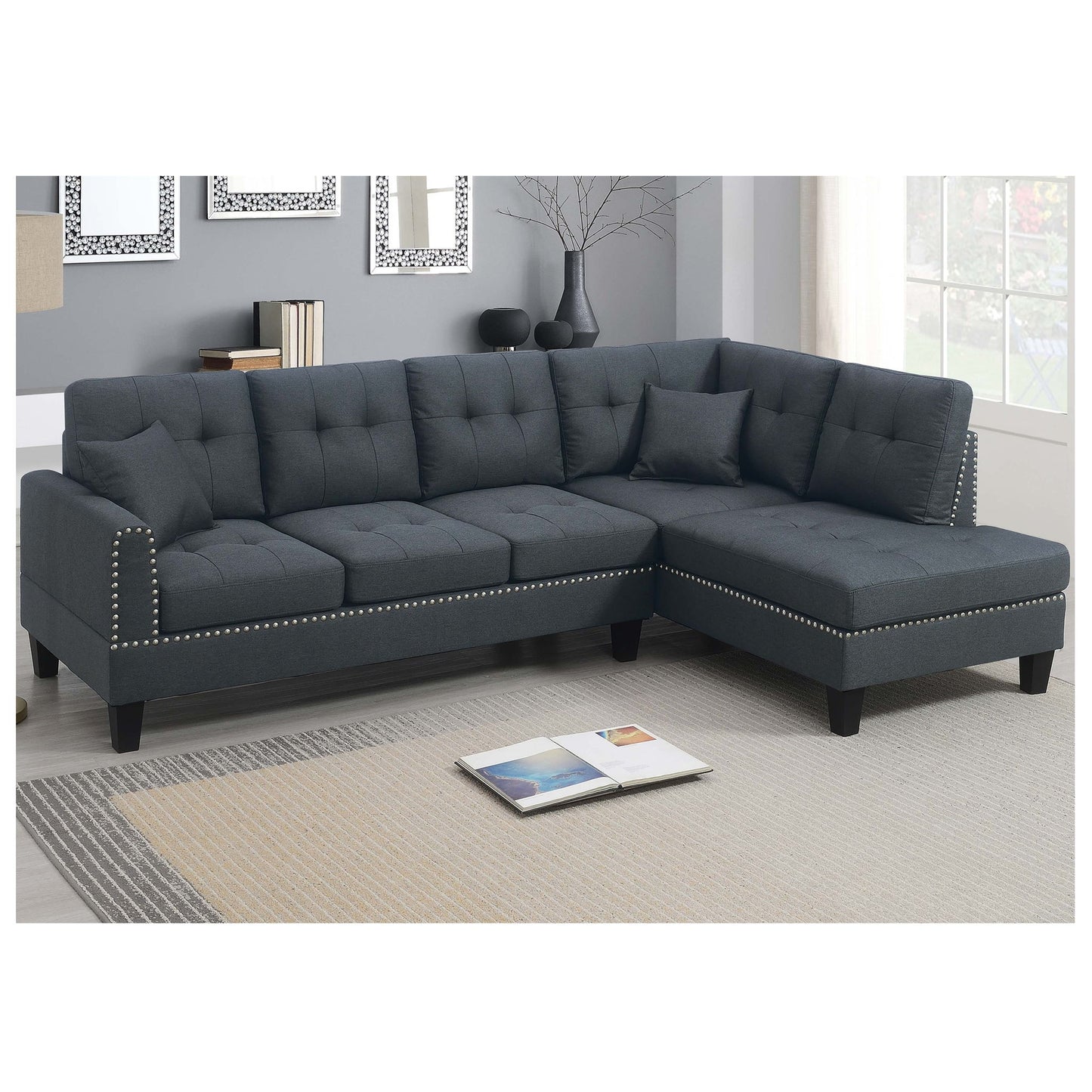 2 Piece Sectional Set With Nailhead Trim, Sofa And Matching Accent Pillows - Charcoal Home Essentials
