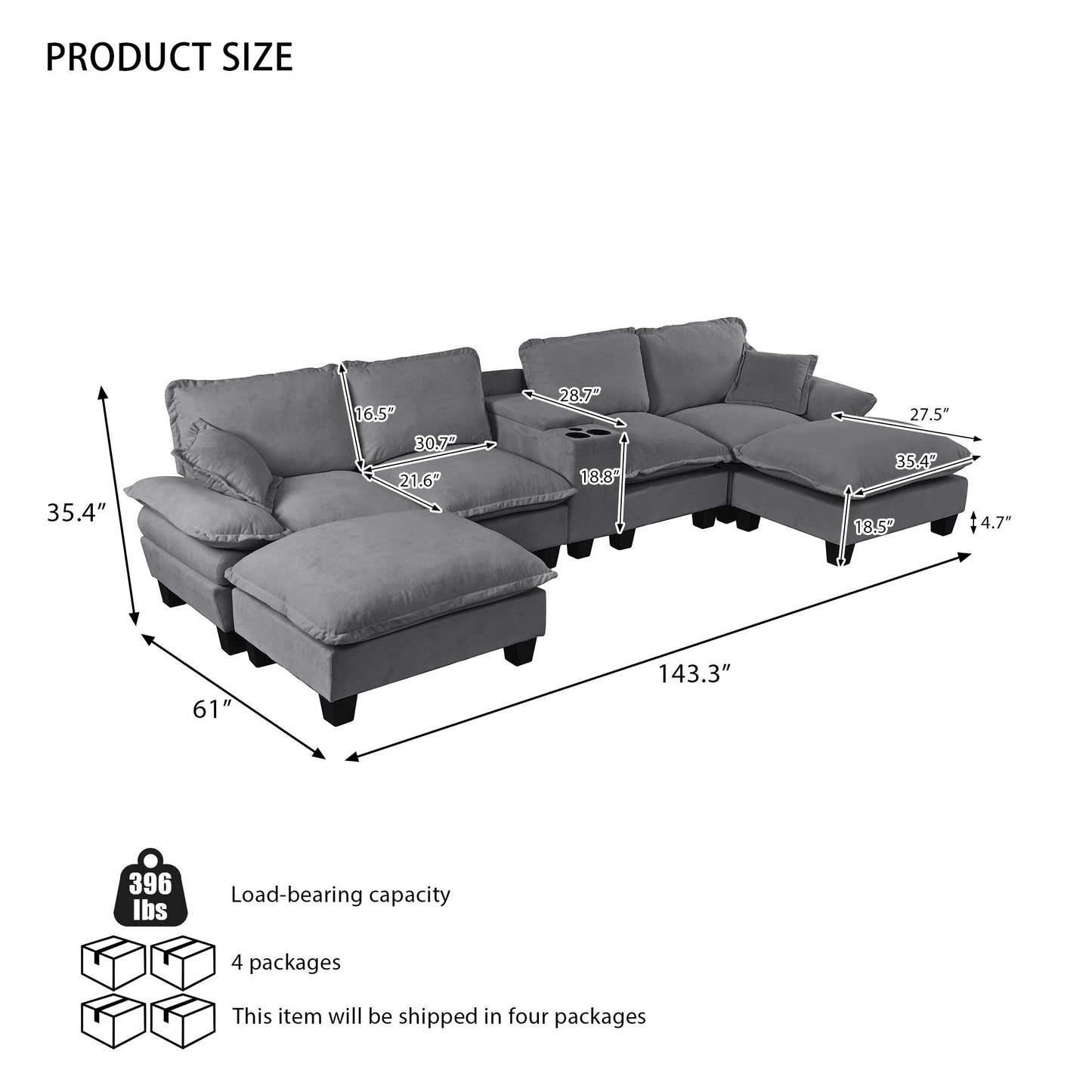 Modular Cloud Couch Sofa With Cup Holders & Storage, USB Port Home Essentials