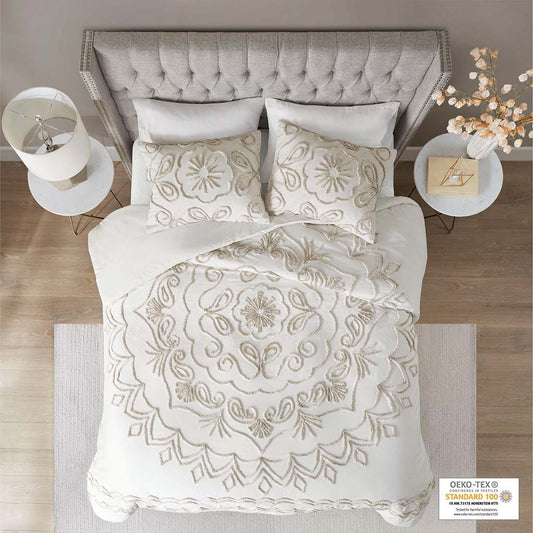 Violette - King 3 Piece Tufted Duvet Cover Set - Ivory / Taupe